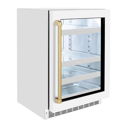 ZLINE 24" Touchstone 151 Can Beverage Fridge White Matte/Champagne Bronze Handle