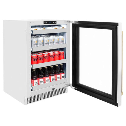ZLINE 24" Touchstone 151 Can Beverage Fridge White Matte/Champagne Bronze Handle