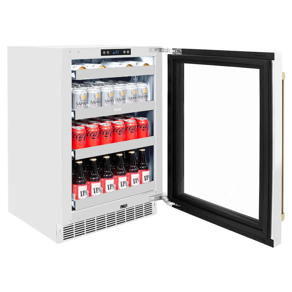 ZLINE 24" Touchstone 151 Can Beverage Fridge White Matte Glass Door Polished Gold Handle RBSOZ-WM-24-G