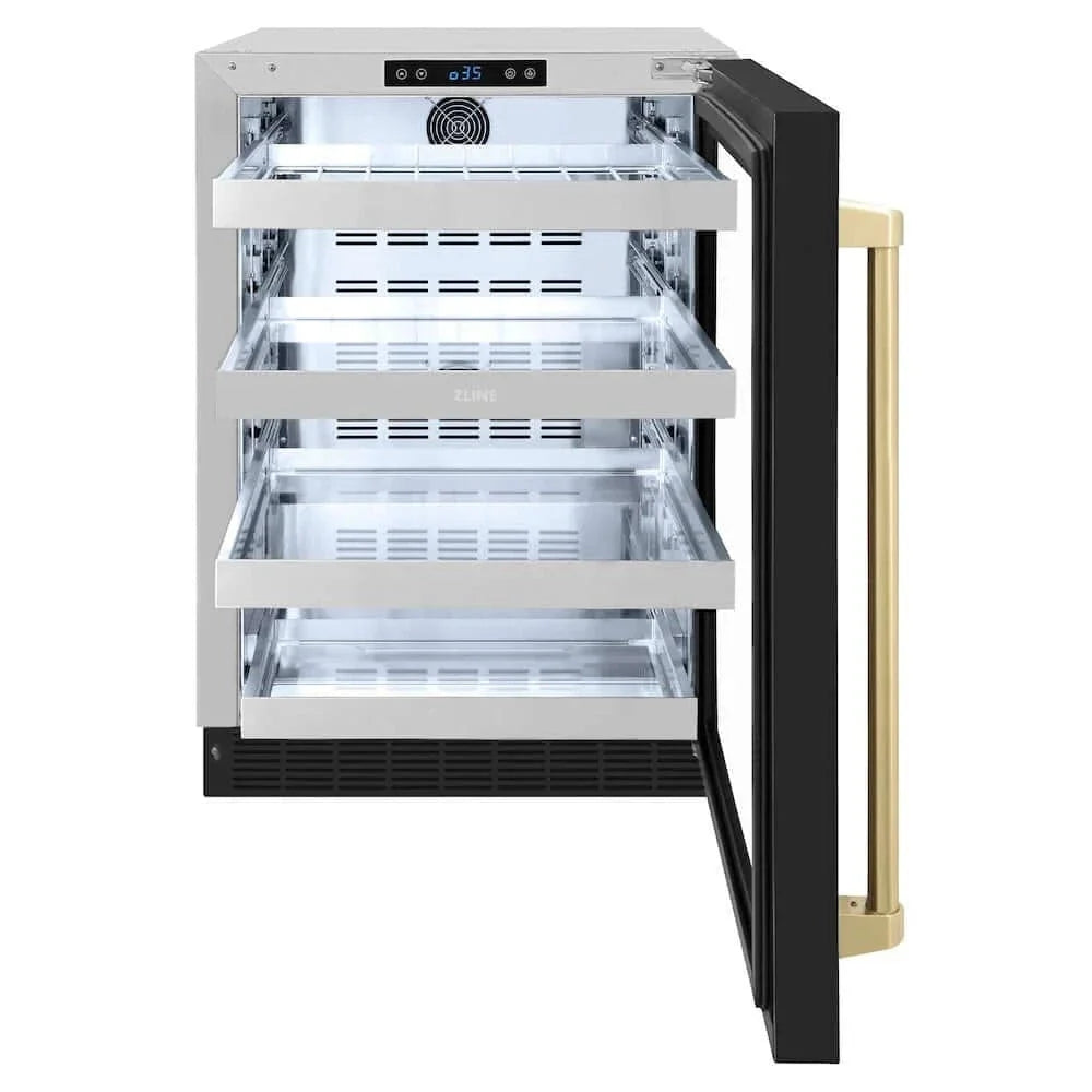 ZLINE 24" Touchstone 151 Can Beverage Fridge Black Matte Glass Door Champagne Bronze Handle RBSOZ-BLM-24-CB