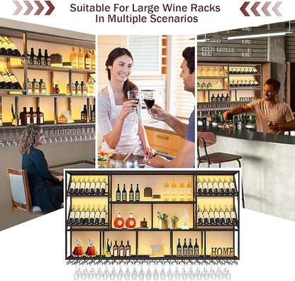 59Inch Wall Mounted Wine Rack, 3 Tiers Large Bar Shelves with 14 Glass Holder, Metal Wine Bottle Display Shelf, Modern Iron Liquor Shelf, for Kitchen Dining, Home Bar, Cellar (59.1" W)