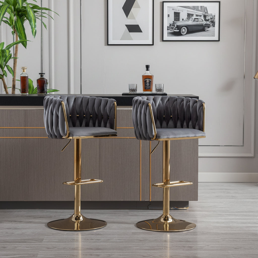 Set of 2 Bar Stools with Chrome Footrest and Base Swivel Height  Velvet + Golden Leg Simple Bar Stool-Grey