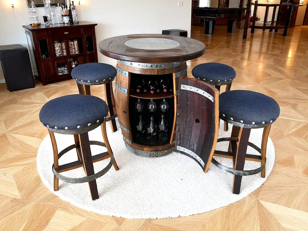 Whiskey & Wine Barrel Pub Set — Limited Colorways, Glass Top, Cabinet Storage - Pub Set