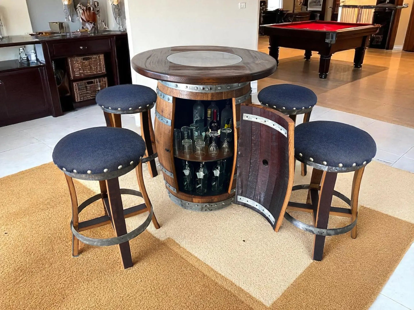 Whiskey & Wine Barrel Pub Set — Limited Colorways, Glass Top, Cabinet Storage - Pub Set