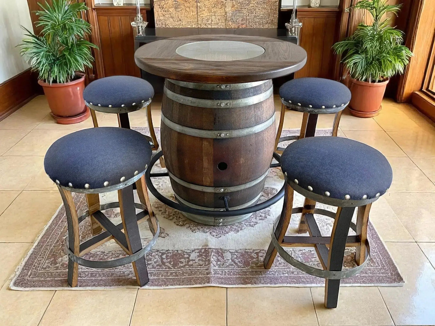 Whiskey & Wine Barrel Bistro Pub Set — Glass Top, Foot Rail - Pub Set