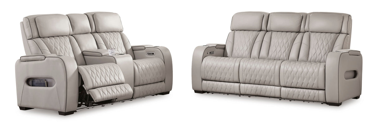 Boyington Gray Power Reclining Sofa and Loveseat