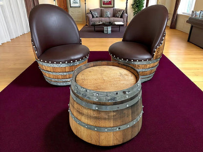 Whiskey & Wine Barrel Coffee Table Set — 2 Chairs Pub Set