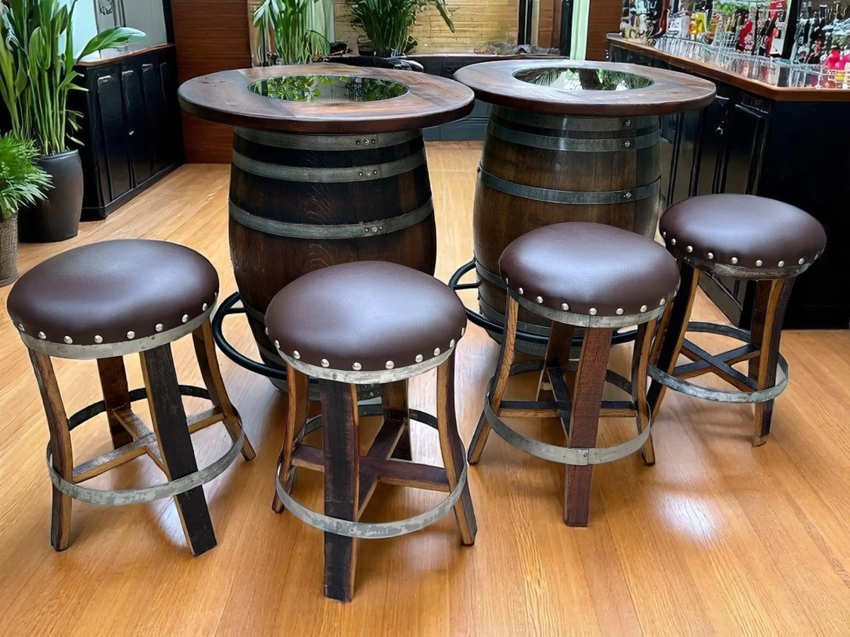 Whiskey & Wine Barrel Double Bar Set — Wood or Glass Top, 0–8 Stools Pub Set