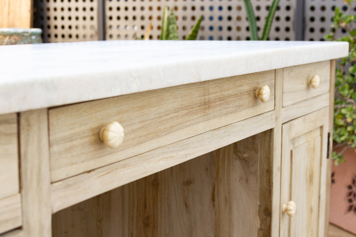 Custom Beautifully Carved Teak Counter Bar with Marble Top