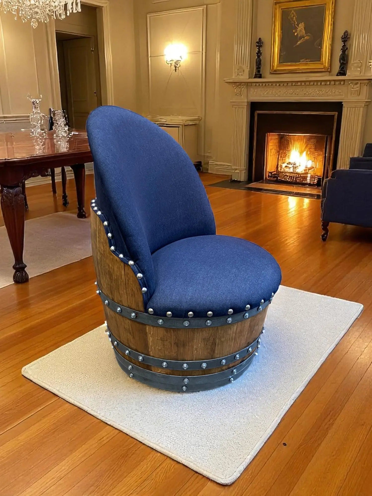 Whiskey & Wine Barrel Game Table Set — Poker and Dining Tops, 6 Chairs, Dark Navy Upholstery