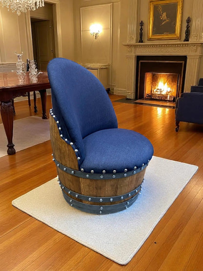 Whiskey & Wine Barrel Game Table Set — Poker and Dining Tops, 6 Chairs, Dark Navy Upholstery