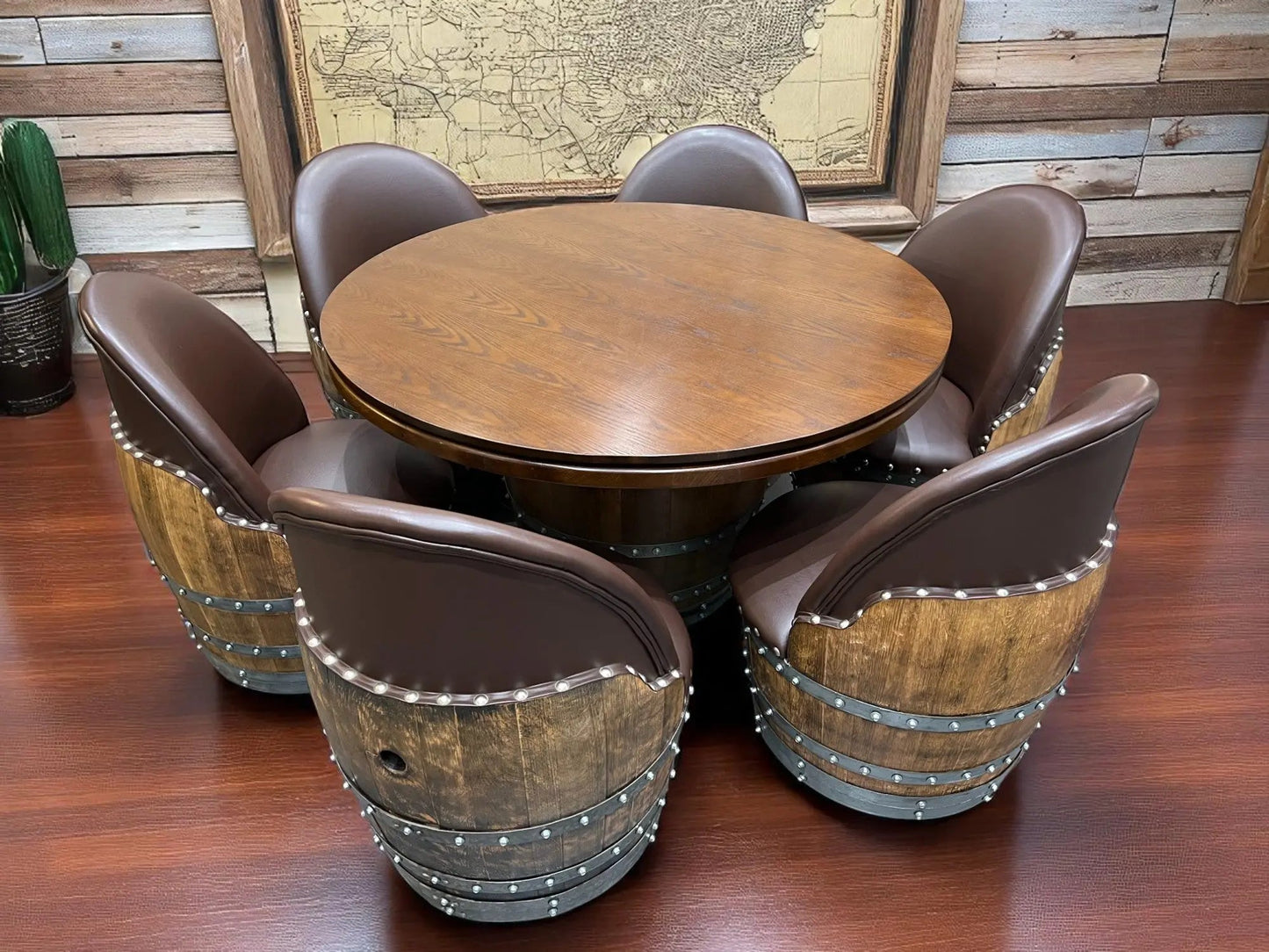 Whiskey & Wine Barrel Game Table Set — Poker Top and Dining Top Included, 6 Chairs
