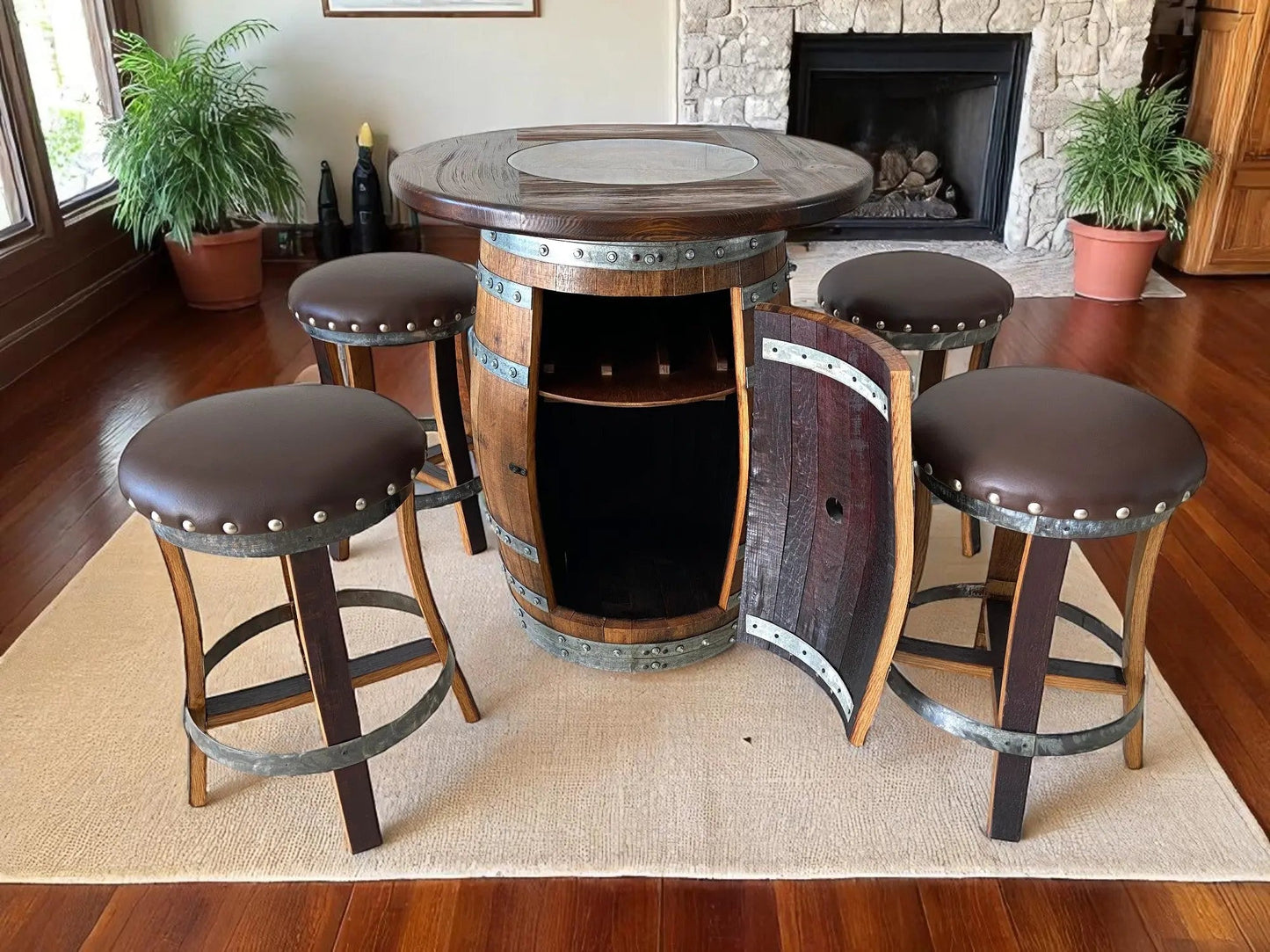 Multi-Use Whiskey & Wine Barrel Bar Set — Glass Top, Cabinet Storage Pub Set