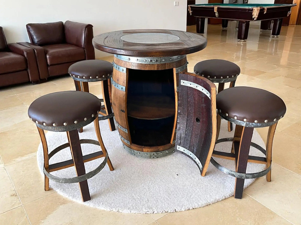 Multi-Use Whiskey & Wine Barrel Bar Set — Glass Top, Cabinet Storage Pub Set