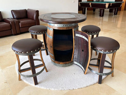 Multi-Use Whiskey & Wine Barrel Bar Set — Glass Top, Cabinet Storage Pub Set