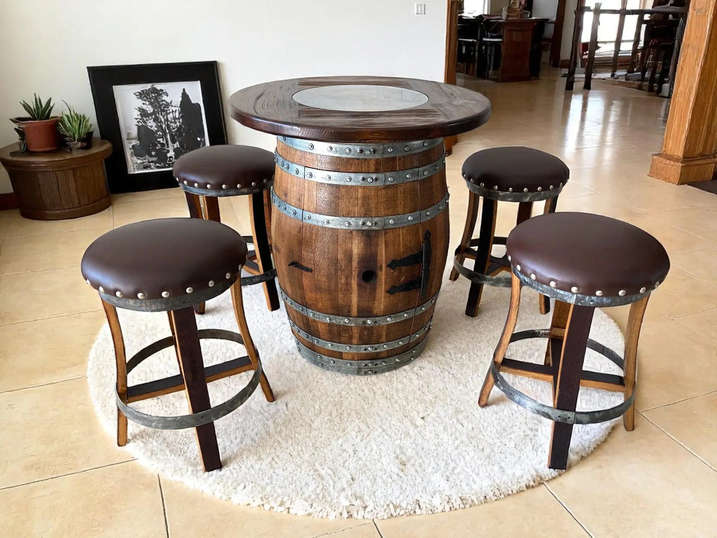 Multi-Use Whiskey & Wine Barrel Bar Set — Glass Top, Cabinet Storage Pub Set