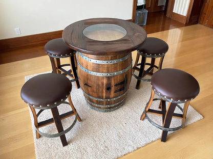 Multi-Use Whiskey & Wine Barrel Bar Set — Glass Top, Cabinet Storage Pub Set