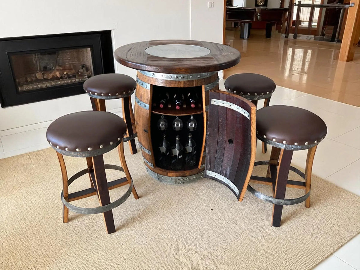 Multi-Use Whiskey & Wine Barrel Bar Set — Glass Top, Cabinet Storage Pub Set