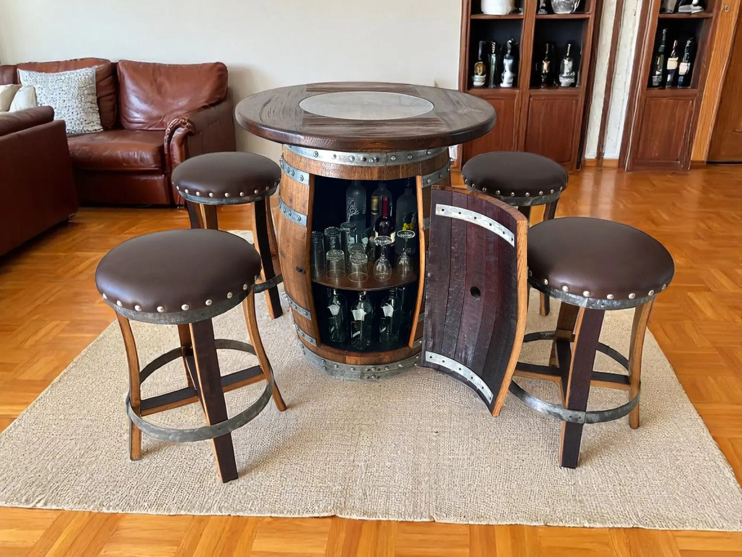 Multi-Use Whiskey & Wine Barrel Bar Set — Glass Top, Cabinet Storage Pub Set