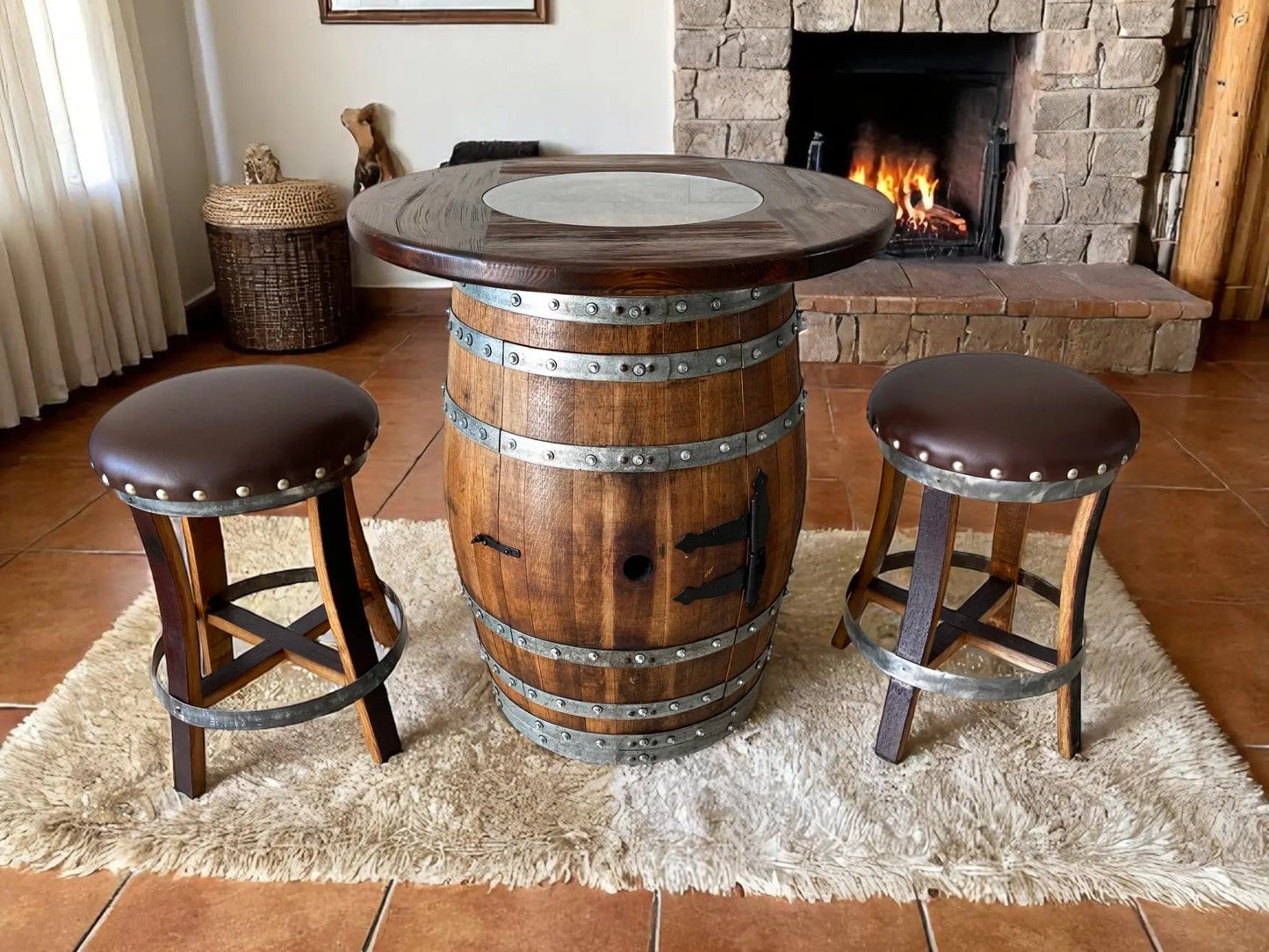Multi-Use Whiskey & Wine Barrel Bar Set — Glass Top, Cabinet Storage Pub Set