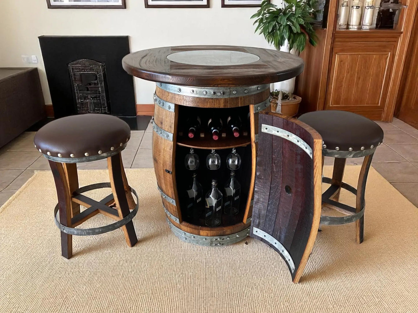 Multi-Use Whiskey & Wine Barrel Bar Set — Glass Top, Cabinet Storage Pub Set