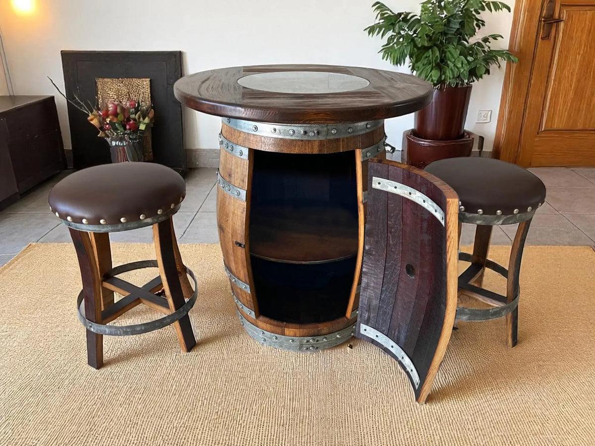 Multi-Use Whiskey & Wine Barrel Bar Set — Glass Top, Cabinet Storage Pub Set