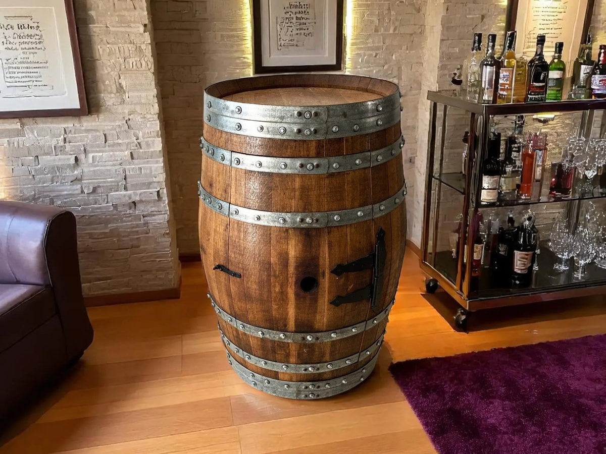 Multi-Use Whiskey & Wine Barrel Bar Set — Glass Top, Cabinet Storage Pub Set