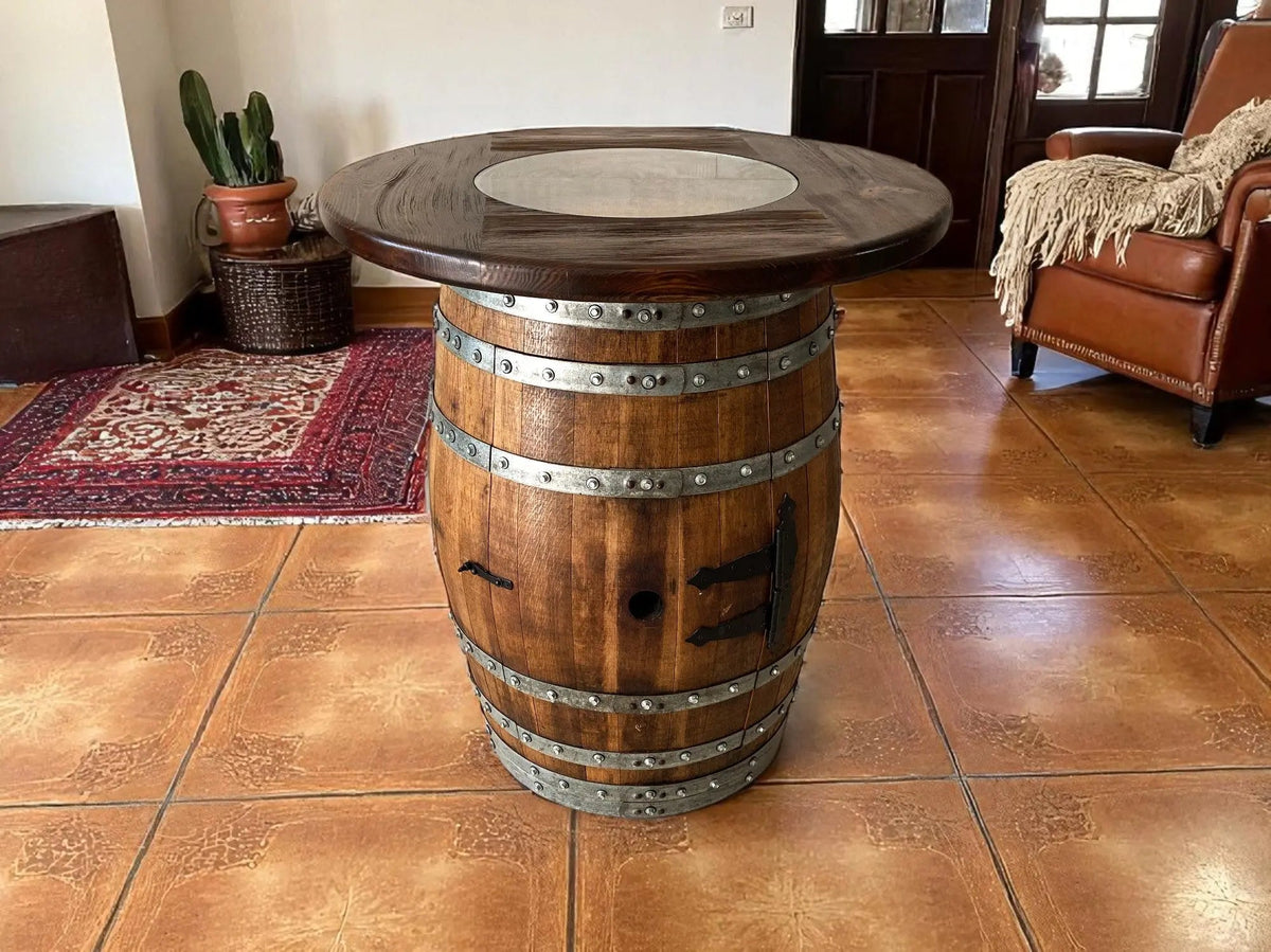 Multi-Use Whiskey & Wine Barrel Bar Set — Glass Top, Cabinet Storage Pub Set