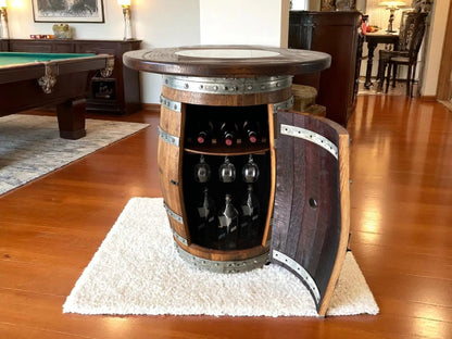 Multi-Use Whiskey & Wine Barrel Bar Set — Glass Top, Cabinet Storage Pub Set
