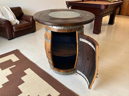 Multi-Use Whiskey & Wine Barrel Bar Set — Glass Top, Cabinet Storage Pub Set