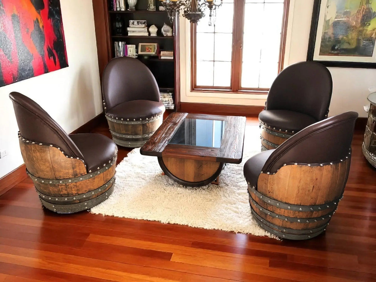 Whiskey & Wine Barrel Coffee Table Set — 4 Chairs - Pub Set
