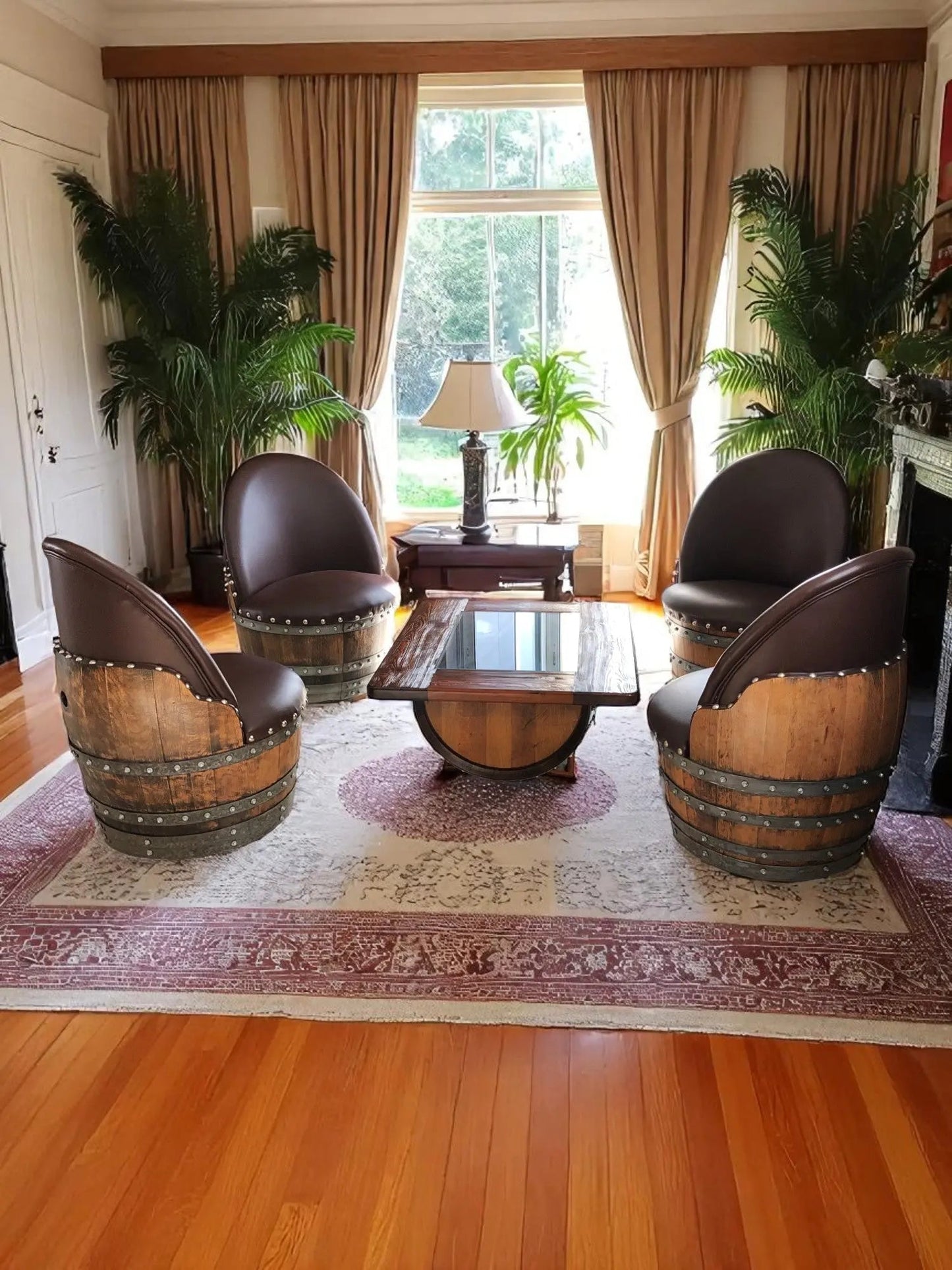 Whiskey & Wine Barrel Coffee Table Set — 4 Chairs - Pub Set