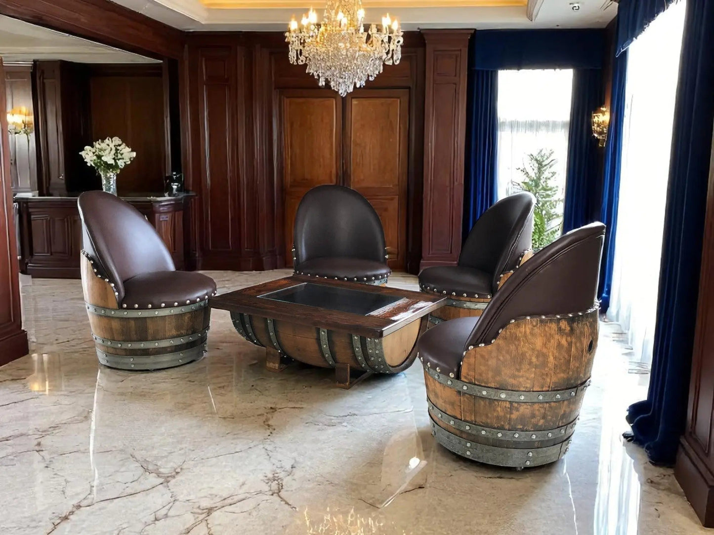 Whiskey & Wine Barrel Coffee Table Set — 4 Chairs - Pub Set