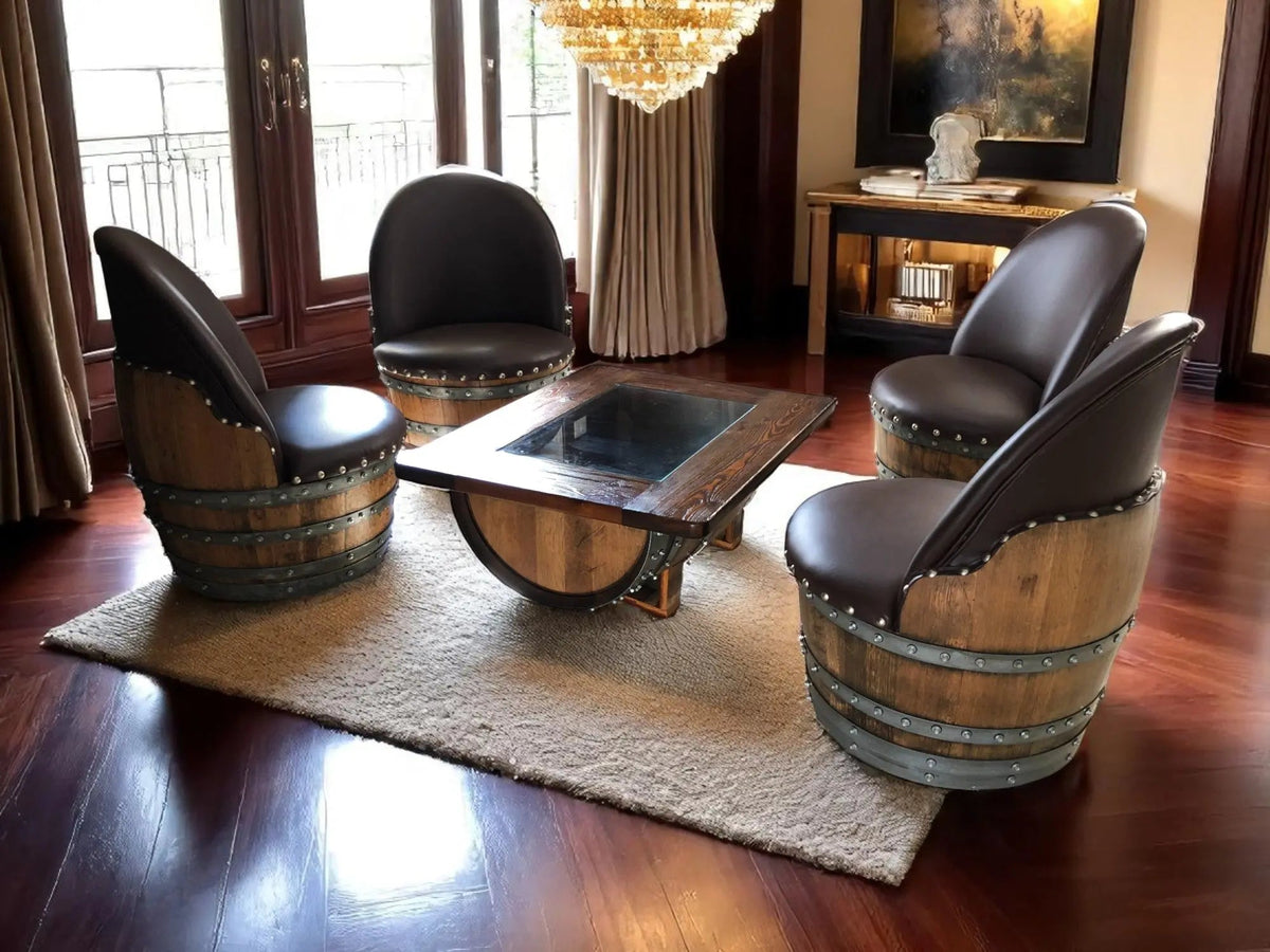 Whiskey & Wine Barrel Coffee Table Set — 4 Chairs - Pub Set