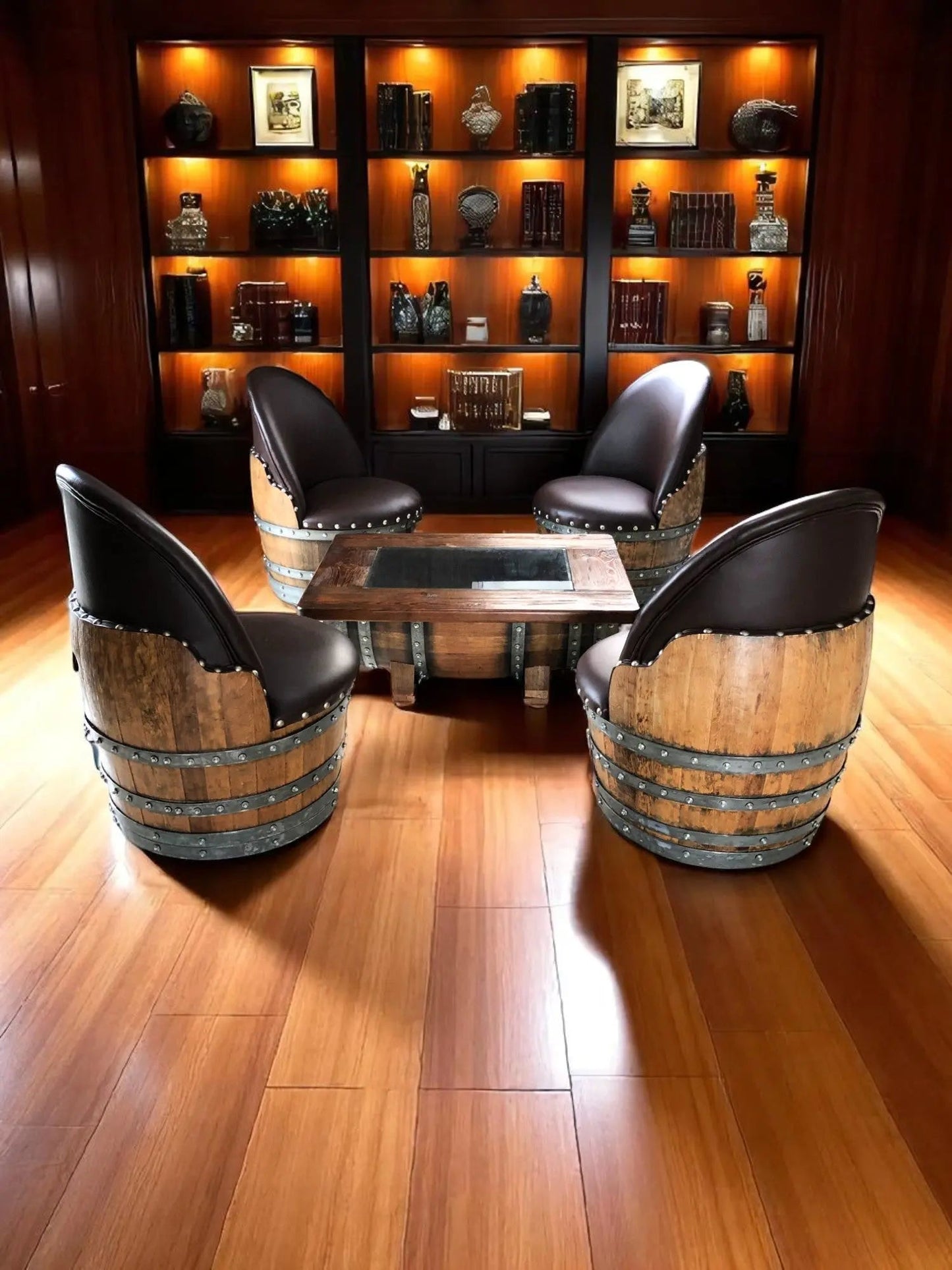 Whiskey & Wine Barrel Coffee Table Set — 4 Chairs - Pub Set