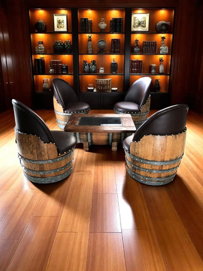 Whiskey & Wine Barrel Coffee Table Set — 4 Chairs - Pub Set