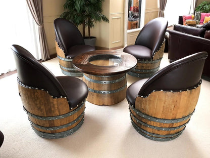 Whiskey & Wine Barrel Coffee Table Set — Full Round Table, 4 Chairs - Pub Set