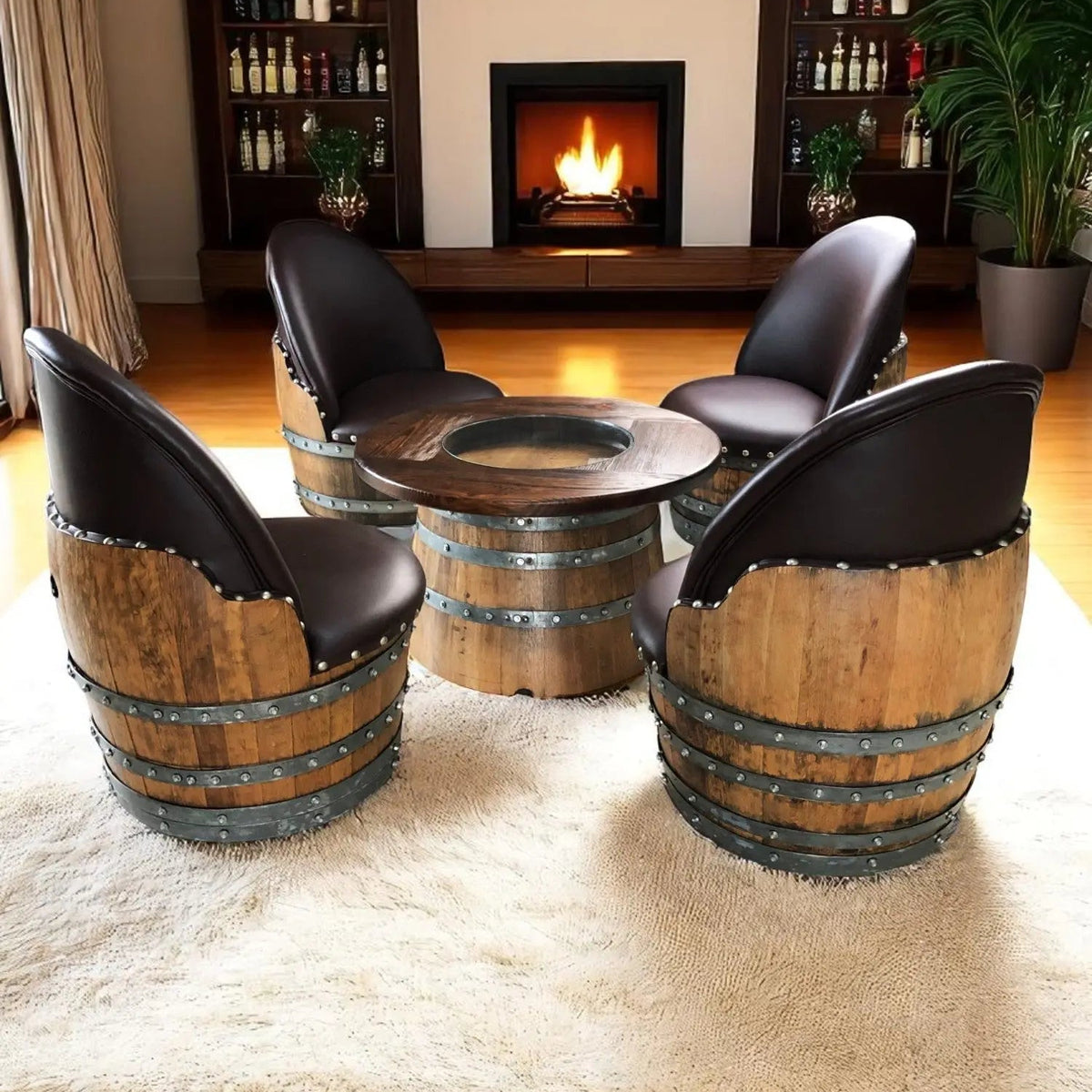 Whiskey & Wine Barrel Coffee Table Set — Full Round Table, 4 Chairs - Pub Set