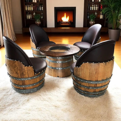 Whiskey & Wine Barrel Coffee Table Set — Full Round Table, 4 Chairs - Pub Set