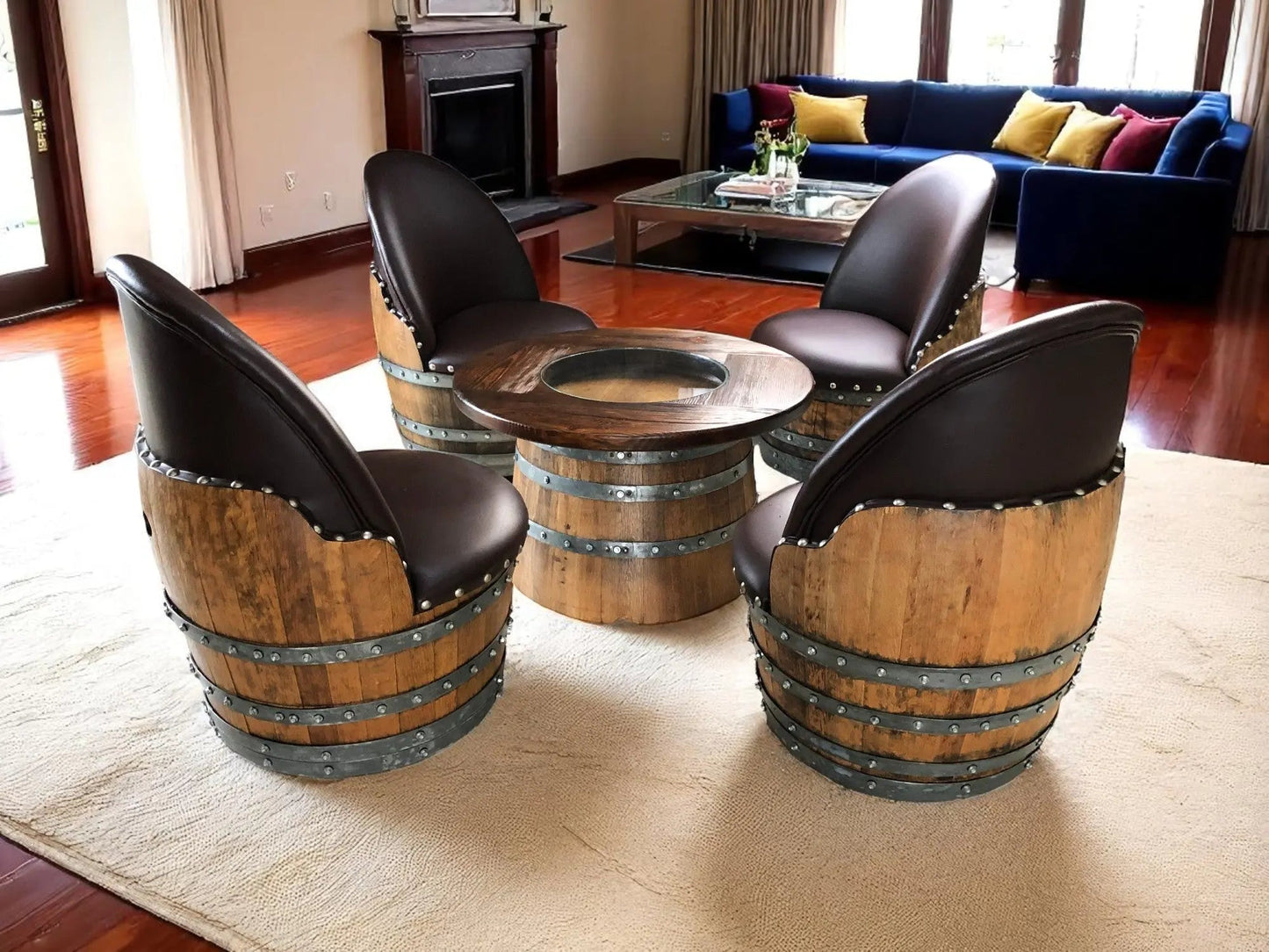Whiskey & Wine Barrel Coffee Table Set — Full Round Table, 4 Chairs - Pub Set
