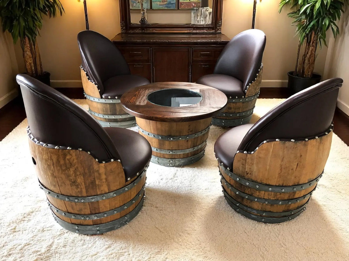 Whiskey & Wine Barrel Coffee Table Set — Full Round Table, 4 Chairs - Pub Set