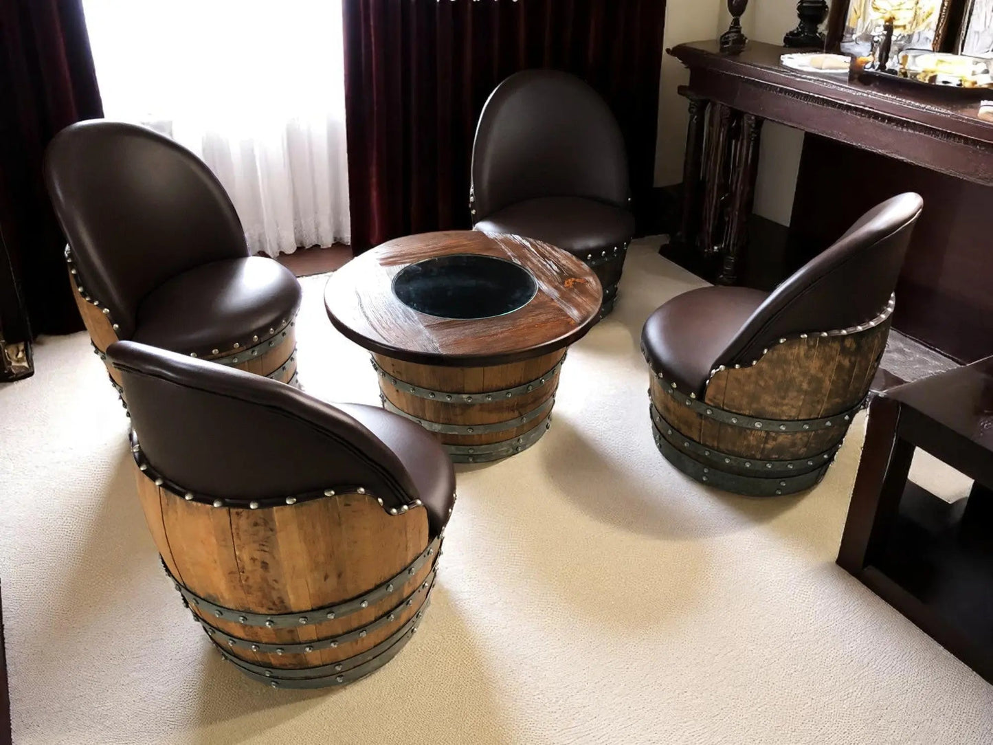 Whiskey & Wine Barrel Coffee Table Set — Full Round Table, 4 Chairs - Pub Set