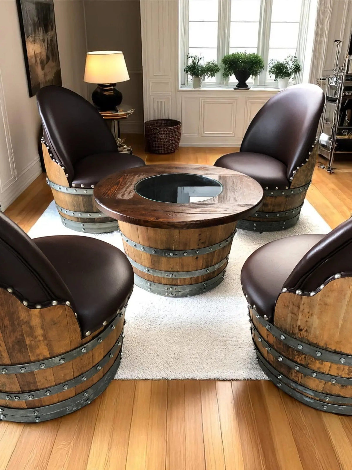 Whiskey & Wine Barrel Coffee Table Set — Full Round Table, 4 Chairs - Pub Set