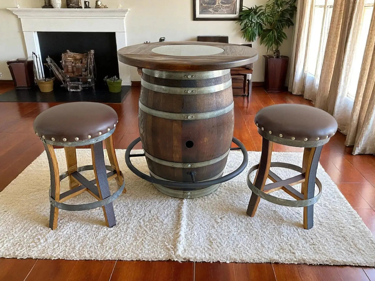 Whiskey & Wine Barrel Bistro Pub Set — Glass Top, Foot Rail - Pub Set