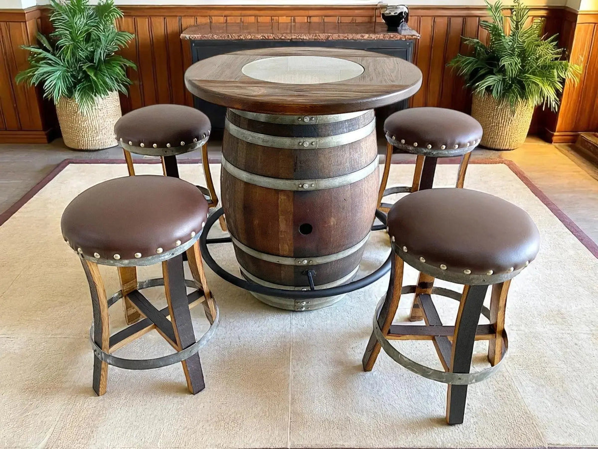 Whiskey & Wine Barrel Bistro Pub Set — Glass Top, Foot Rail - Pub Set