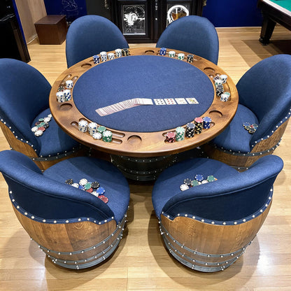 Whiskey & Wine Barrel Game Table Set — Poker and Dining Tops, 6 Chairs, Dark Navy Upholstery