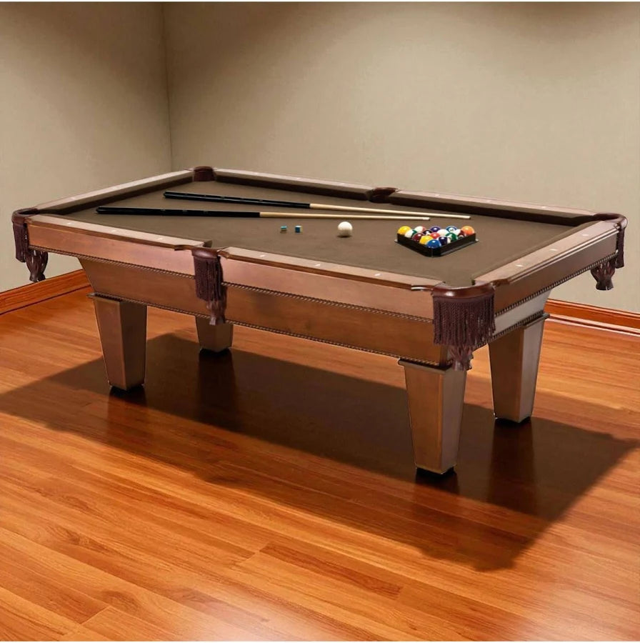 7Ft Brown Wool Cloth Top Pool Table with 2 Cues and Billiards Balls