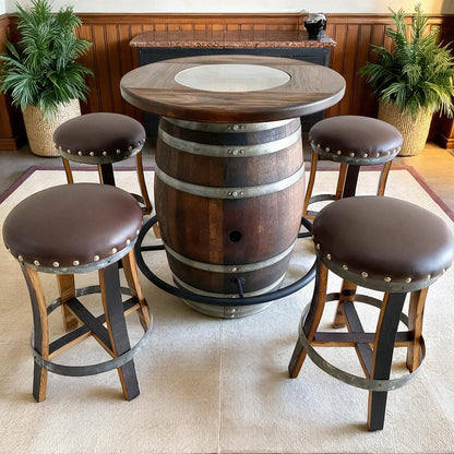 Whiskey & Wine Barrel Bistro Pub Set — Glass Top, Foot Rail - Pub Set