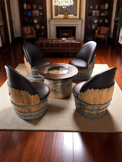 Whiskey & Wine Barrel Coffee Table Set — Full Round Table, 4 Chairs - Pub Set