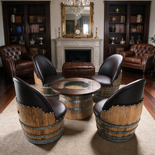 Whiskey & Wine Barrel Coffee Table Set — Full Round Table, 4 Chairs - Pub Set